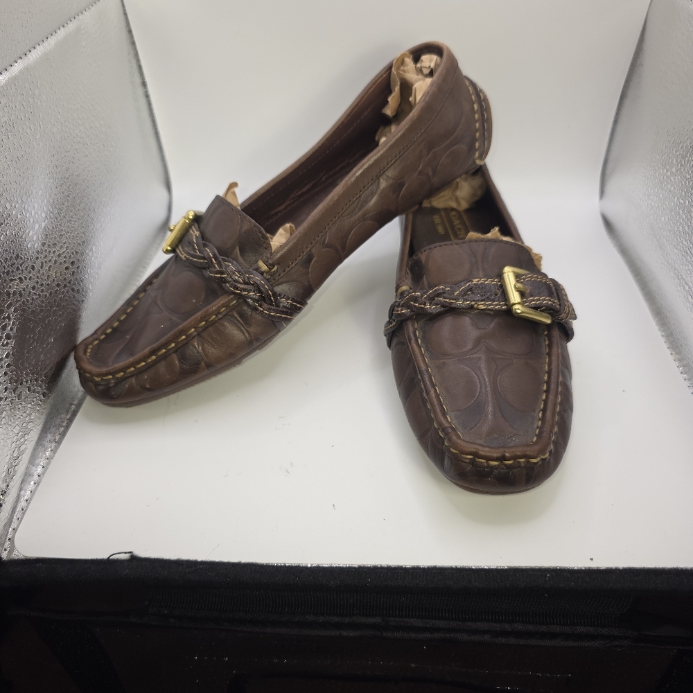 Coach Signature C Brown Leather Loafers‎ | Buckle Braided Slip-On Flats 6M